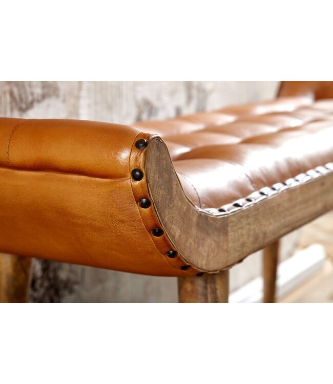 Wohnling bank echt leer / massief houten bank bruin 125x50x38 cm Chesterfield | Design gestoffeerde bank hal | Leren bank bedbank 2 personen | Moderne gangbank