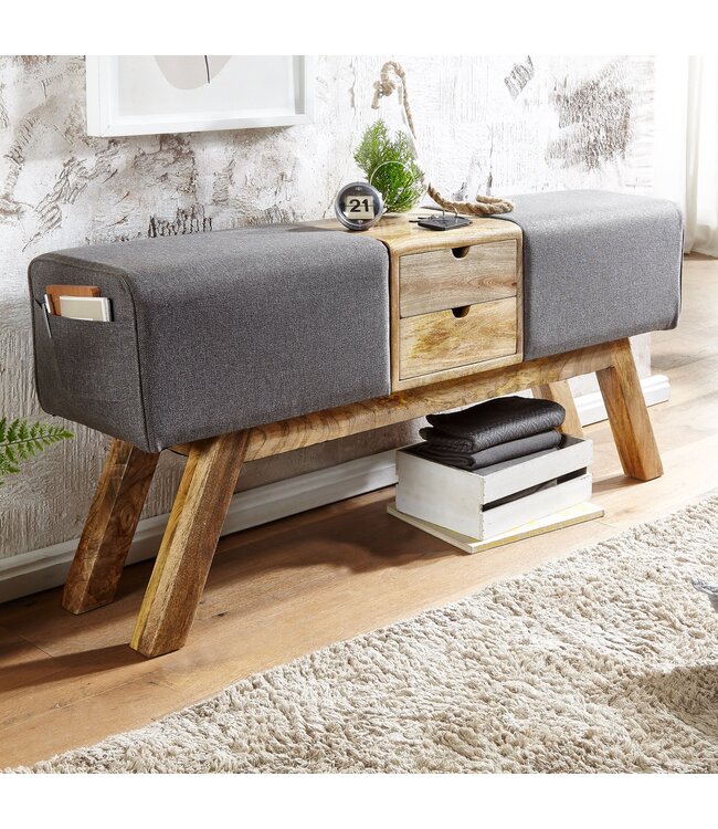 Wohnling Design Turnbock bank grijs met lades 120x56x30 cm | Gym kruk bank gemaakt van stof met opbergruimte | Kruk garderobebank kruk Springbok turnbank