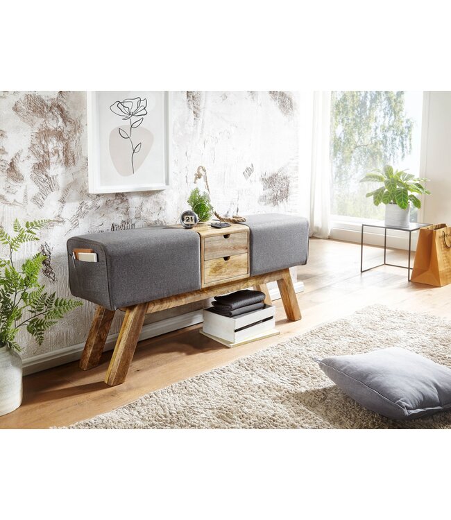 Wohnling Design Turnbock bank grijs met lades 120x56x30 cm | Gym kruk bank gemaakt van stof met opbergruimte | Kruk garderobebank kruk Springbok turnbank