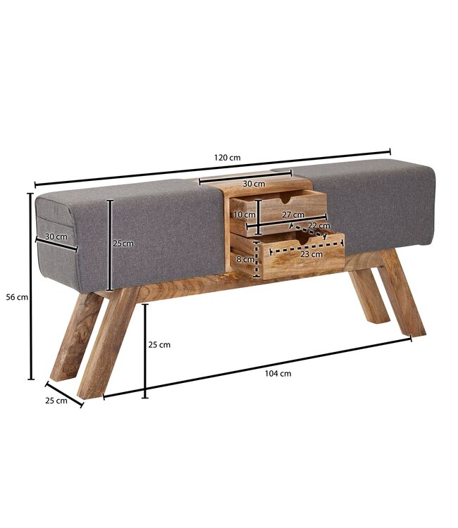 Wohnling Design Turnbock bank grijs met lades 120x56x30 cm | Gym kruk bank gemaakt van stof met opbergruimte | Kruk garderobebank kruk Springbok turnbank