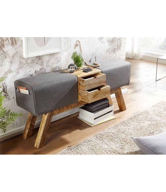 Wohnling Design Turnbock bank grijs met lades 120x56x30 cm | Gym kruk bank gemaakt van stof met opbergruimte | Kruk garderobebank kruk Springbok turnbank
