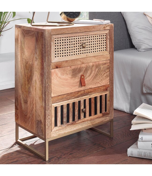 Wohnling nachtkastje mango massief hout / metaal 40x60x30 cm nachtkastje boxspring bed | Design nachtkastje met 3 lades | Nachtkastje met opbergruimte