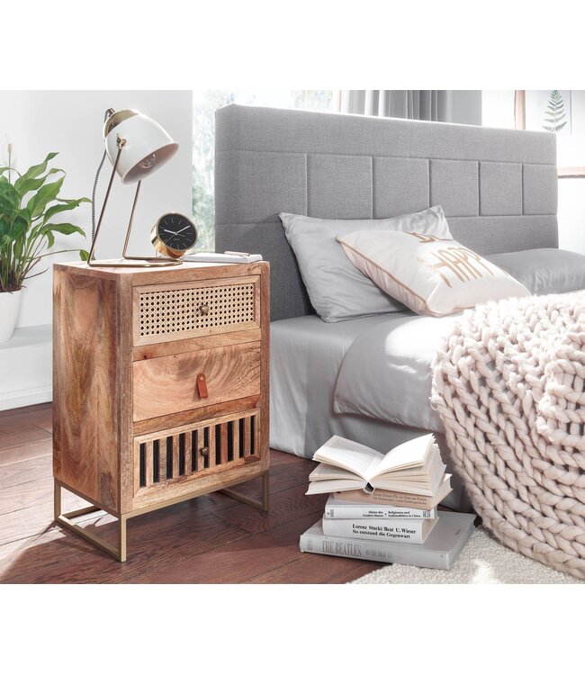 Wohnling nachtkastje mango massief hout / metaal 40x60x30 cm nachtkastje boxspring bed | Design nachtkastje met 3 lades | Nachtkastje met opbergruimte