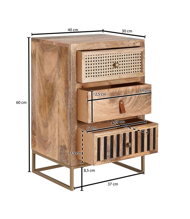 Wohnling nachtkastje mango massief hout / metaal 40x60x30 cm nachtkastje boxspring bed | Design nachtkastje met 3 lades | Nachtkastje met opbergruimte