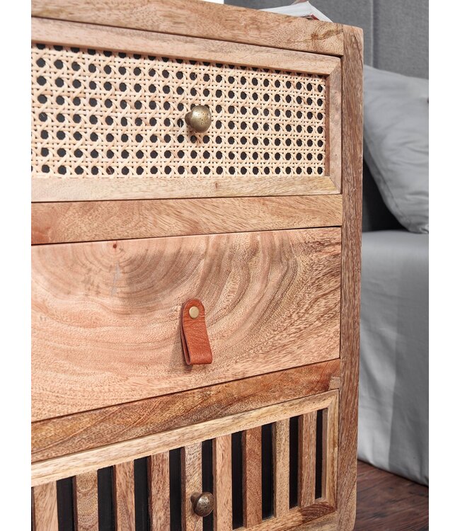 Wohnling nachtkastje mango massief hout / metaal 40x60x30 cm nachtkastje boxspring bed | Design nachtkastje met 3 lades | Nachtkastje met opbergruimte