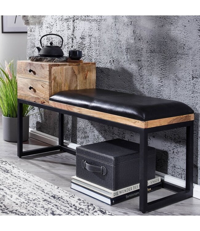 Wohnling bank geitenleer / massief houten bank 100x60x35 cm in retro stijl | Gang gestoffeerde bank metaal met opbergruimte | Gestoffeerde leren bank opberger zwart | Bankje in de gang