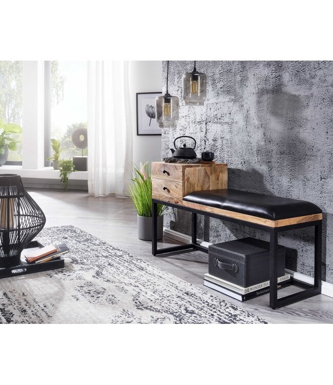 Wohnling bank geitenleer / massief houten bank 100x60x35 cm in retro stijl | Gang gestoffeerde bank metaal met opbergruimte | Gestoffeerde leren bank opberger zwart | Bankje in de gang