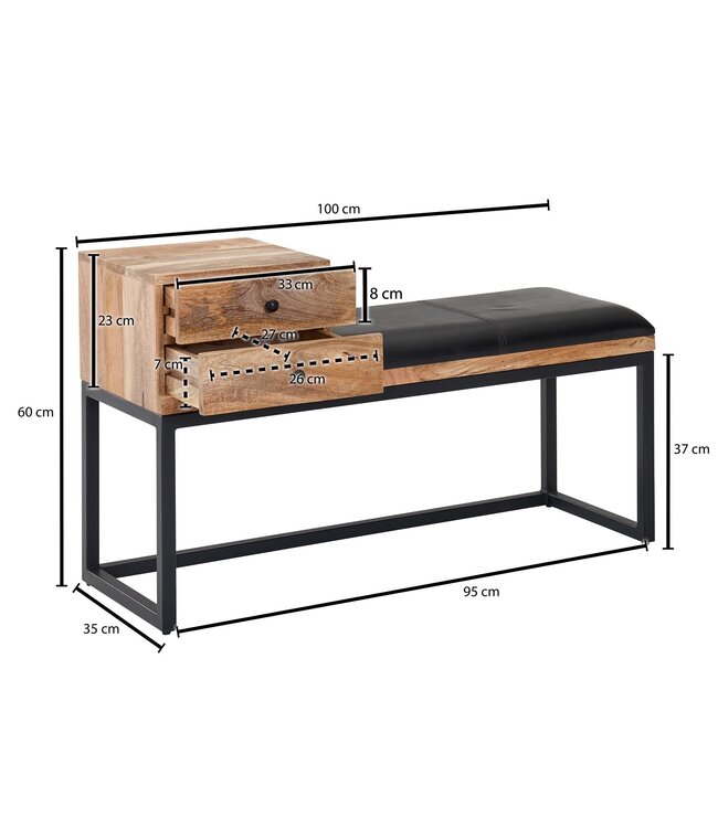 Wohnling bank geitenleer / massief houten bank 100x60x35 cm in retro stijl | Gang gestoffeerde bank metaal met opbergruimte | Gestoffeerde leren bank opberger zwart | Bankje in de gang
