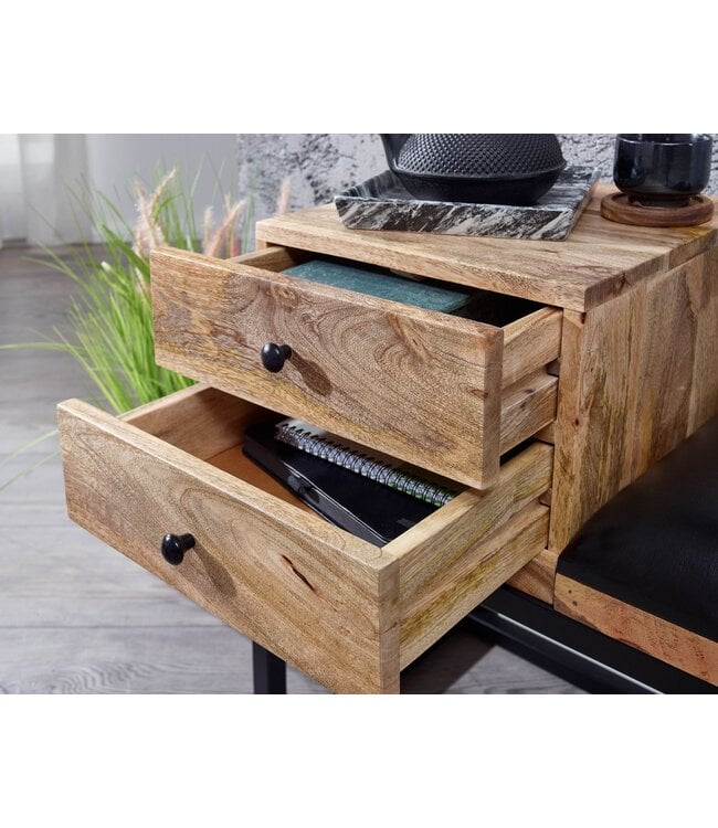 Wohnling bank geitenleer / massief houten bank 100x60x35 cm in retro stijl | Gang gestoffeerde bank metaal met opbergruimte | Gestoffeerde leren bank opberger zwart | Bankje in de gang