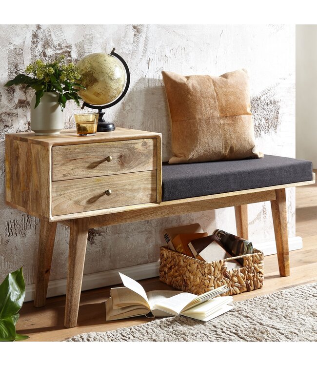 Wohnling bank stof / massief houten bank 120x65x40 cm in retro stijl | Gang gestoffeerde bank met opbergruimte | Gestoffeerde stoffen bank opberger zwart | Bankje in de gang