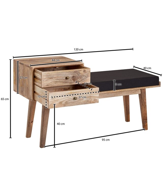 Wohnling bank stof / massief houten bank 120x65x40 cm in retro stijl | Gang gestoffeerde bank met opbergruimte | Gestoffeerde stoffen bank opberger zwart | Bankje in de gang