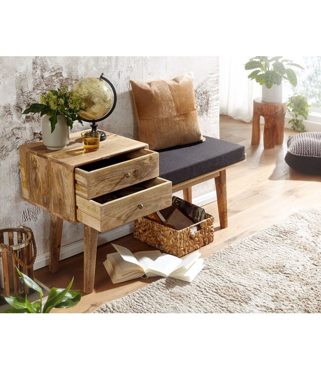 Wohnling bank stof / massief houten bank 120x65x40 cm in retro stijl | Gang gestoffeerde bank met opbergruimte | Gestoffeerde stoffen bank opberger zwart | Bankje in de gang