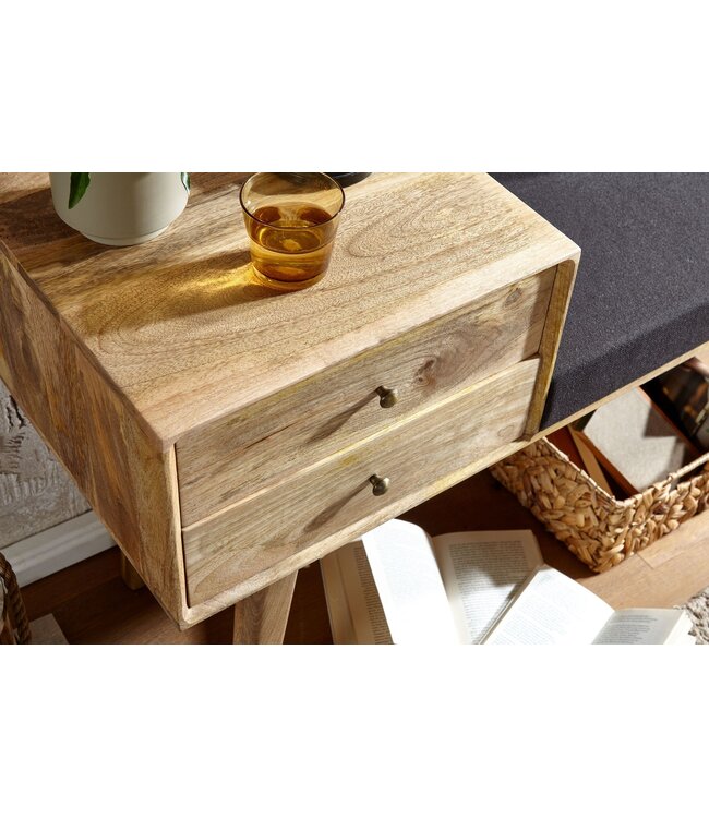 Wohnling bank stof / massief houten bank 120x65x40 cm in retro stijl | Gang gestoffeerde bank met opbergruimte | Gestoffeerde stoffen bank opberger zwart | Bankje in de gang