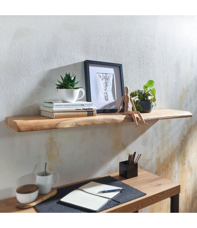 Wohnling Wandplank 120 cm Acacia Massief Hout met Boomrand Hangplank Modern | Muurplank Hangende Plank | Plank voor de Wand Zwevend