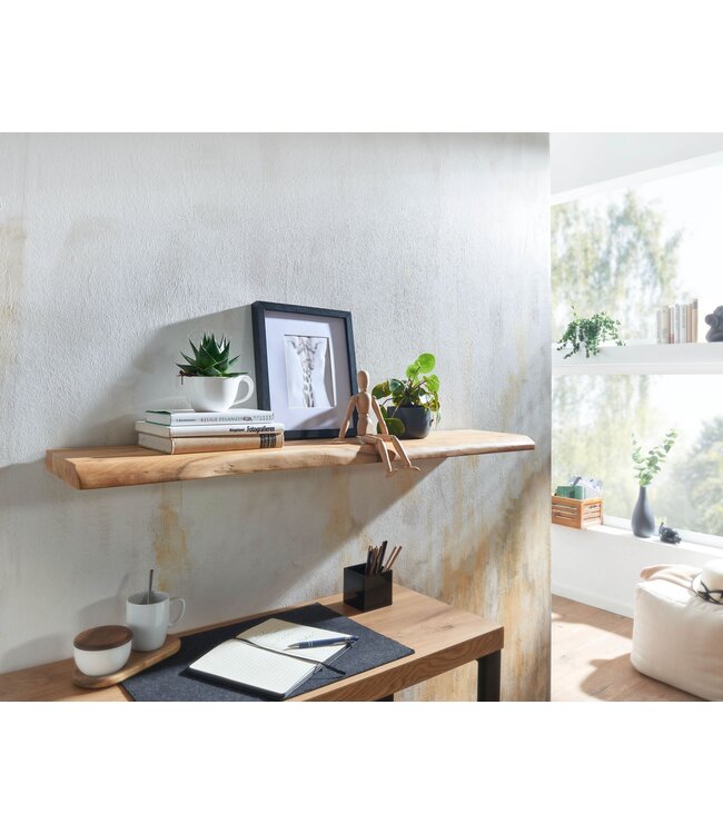 Wohnling Wandplank 120 cm Acacia Massief Hout met Boomrand Hangplank Modern | Muurplank Hangende Plank | Plank voor de Wand Zwevend