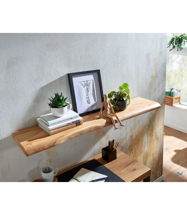 Wohnling Wandplank 120 cm Acacia Massief Hout met Boomrand Hangplank Modern | Muurplank Hangende Plank | Plank voor de Wand Zwevend