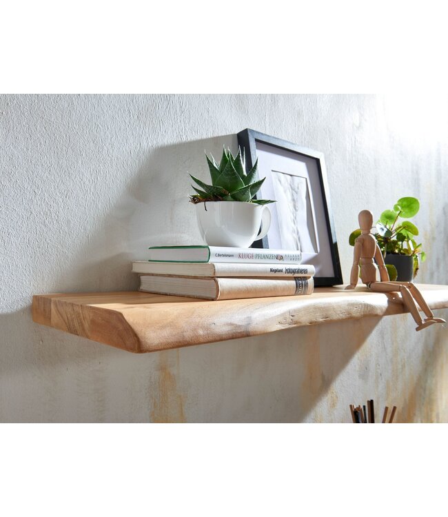 Wohnling Wandplank 120 cm Acacia Massief Hout met Boomrand Hangplank Modern | Muurplank Hangende Plank | Plank voor de Wand Zwevend