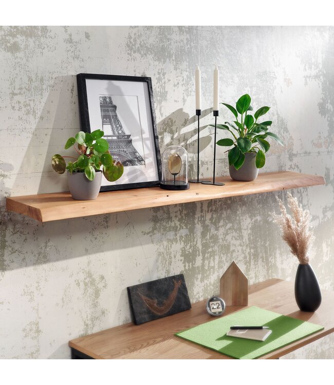 Wohnling Wandplank 140 cm Acacia Massief Hout met Boomrand Hangplank Modern | Muurplank Hangende Plank | Plank voor de Wand Zwevend