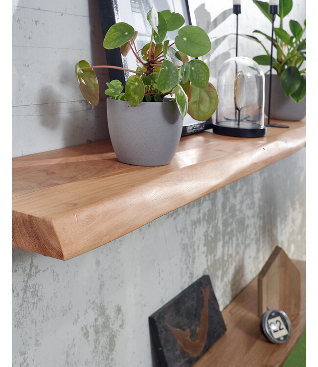 Wohnling Wandplank 140 cm Acacia Massief Hout met Boomrand Hangplank Modern | Muurplank Hangende Plank | Plank voor de Wand Zwevend