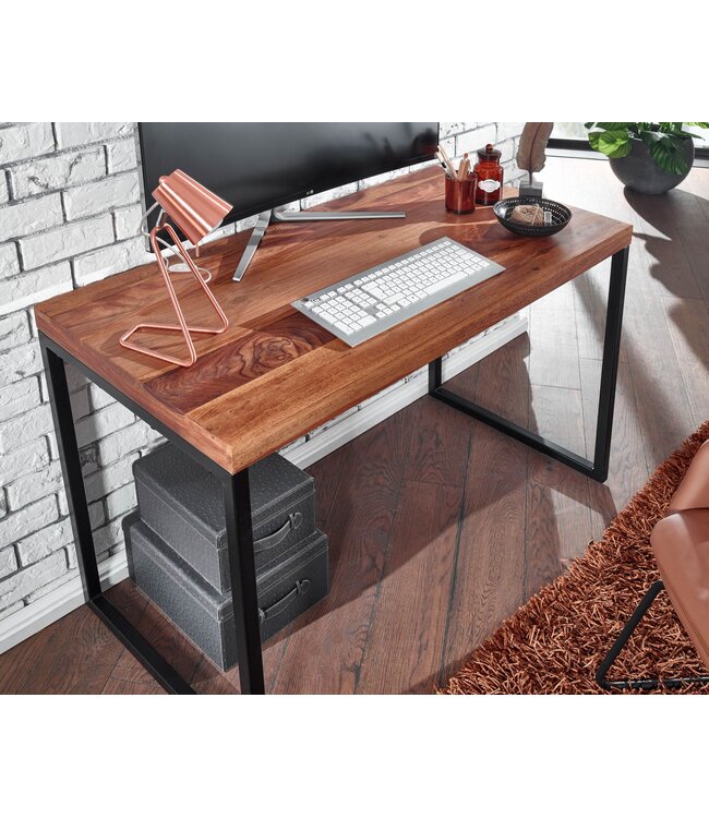 Wohnling bureau sheesham massief hout / metaal 117x59x76.5 cm computertafel | Design bureautafel klein donker | Laptop tafel studie