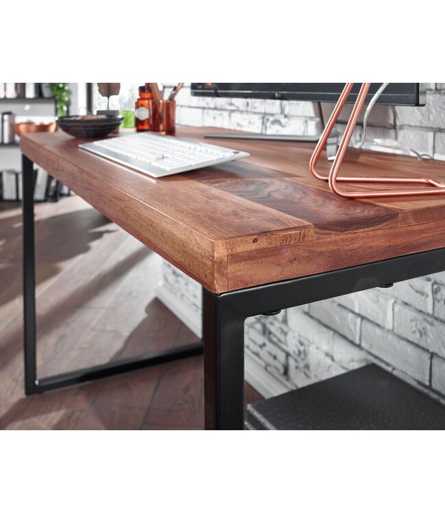 Wohnling bureau sheesham massief hout / metaal 117x59x76.5 cm computertafel | Design bureautafel klein donker | Laptop tafel studie
