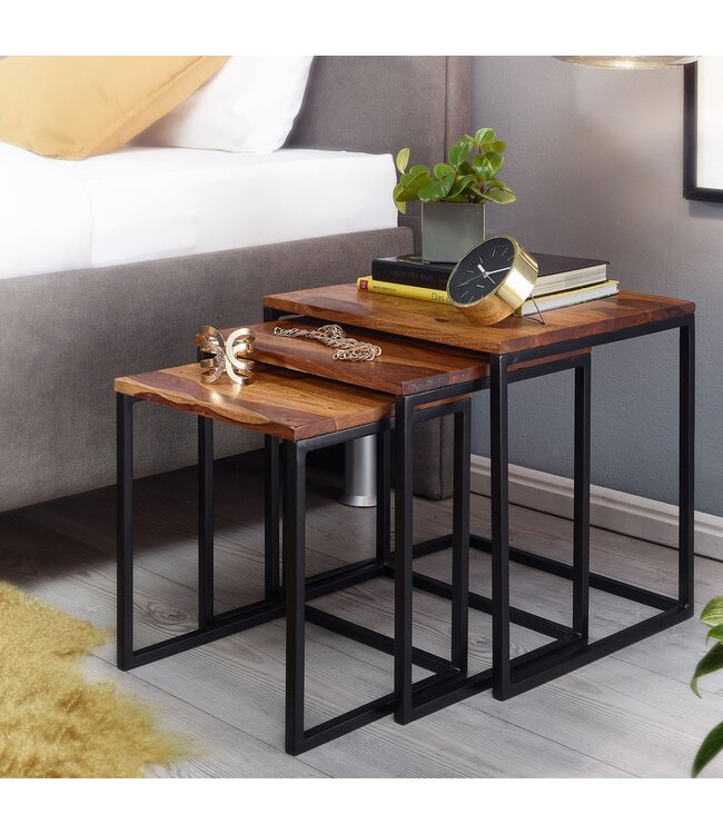 Wohnling bijzettafels set van 3 Sheesham massief hout / metalen bijzettafel vierkant modern | Design salontafel 3 delig | Woonkamertafels besparen ruimte | Houten tafel nesttafels woonkamer