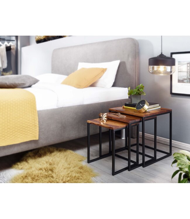 Wohnling bijzettafels set van 3 Sheesham massief hout / metalen bijzettafel vierkant modern | Design salontafel 3 delig | Woonkamertafels besparen ruimte | Houten tafel nesttafels woonkamer