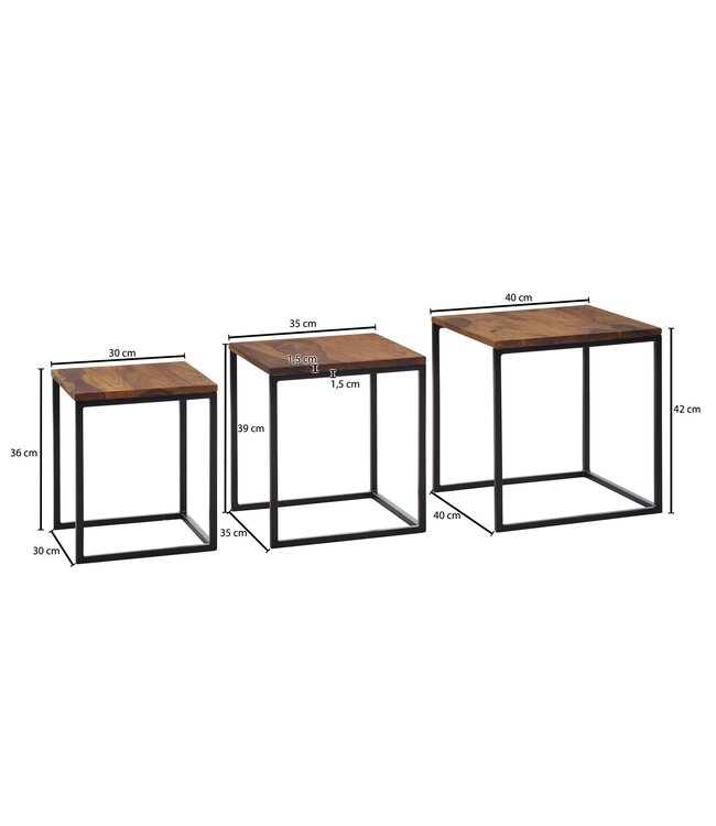 Wohnling bijzettafels set van 3 Sheesham massief hout / metalen bijzettafel vierkant modern | Design salontafel 3 delig | Woonkamertafels besparen ruimte | Houten tafel nesttafels woonkamer