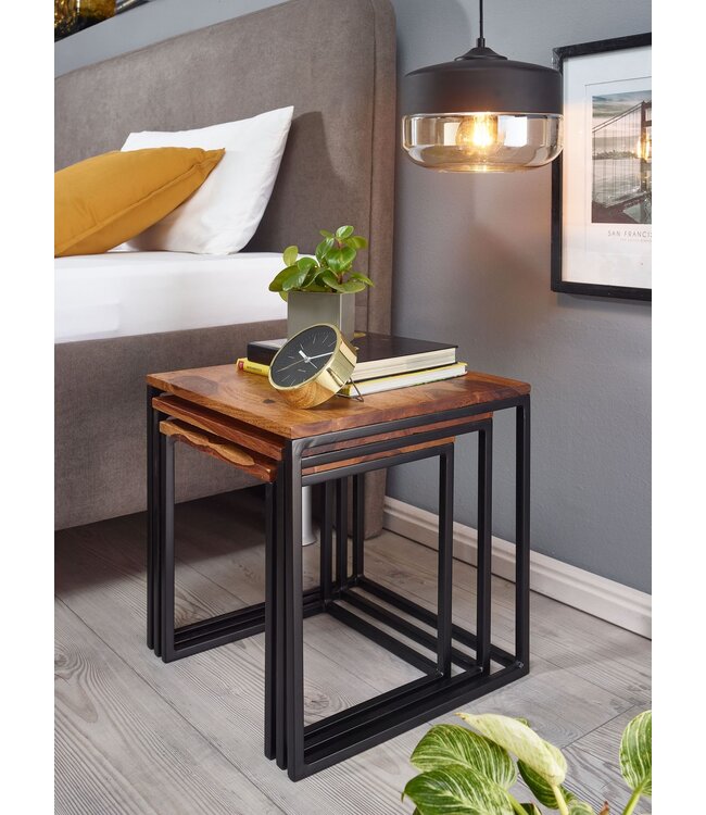 Wohnling bijzettafels set van 3 Sheesham massief hout / metalen bijzettafel vierkant modern | Design salontafel 3 delig | Woonkamertafels besparen ruimte | Houten tafel nesttafels woonkamer