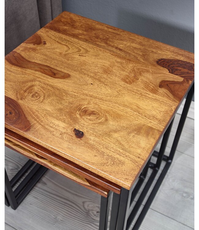 Wohnling bijzettafels set van 3 Sheesham massief hout / metalen bijzettafel vierkant modern | Design salontafel 3 delig | Woonkamertafels besparen ruimte | Houten tafel nesttafels woonkamer