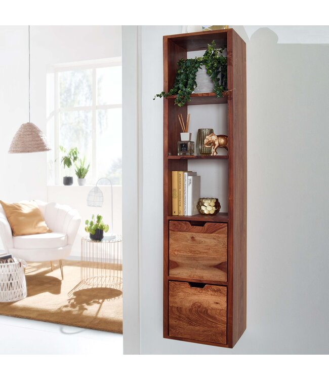 Wohnling Wandplank Sheesham Massief Hout 35x150x30 cm Hangplank Modern | Muurplank Hangende Plank met Lades | Plank voor de Wand Zwevend