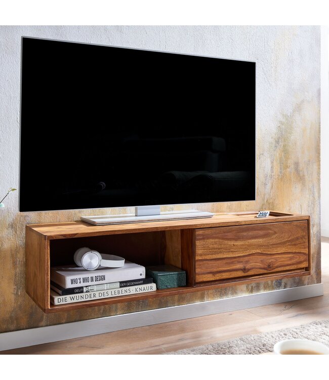 Wohnling HiFi Lowboard Hangend Sheesham Massief Hout 108x25x34 cm TV-Dressoir | Design TV-Meubel Modern | TV-Tafel Wand | TV-Bord Woonkamer