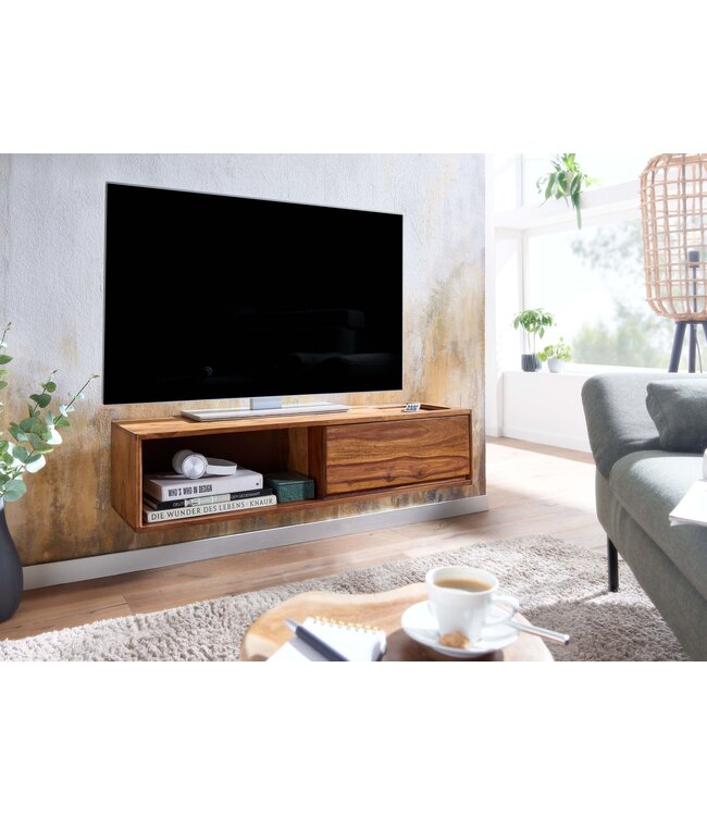 Wohnling HiFi Lowboard Hangend Sheesham Massief Hout 108x25x34 cm TV-Dressoir | Design TV-Meubel Modern | TV-Tafel Wand | TV-Bord Woonkamer