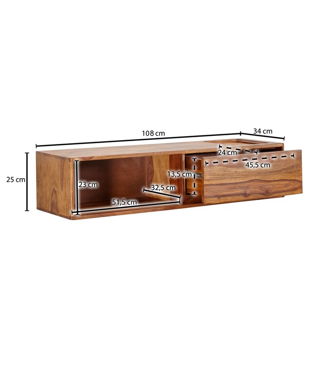Wohnling HiFi Lowboard Hangend Sheesham Massief Hout 108x25x34 cm TV-Dressoir | Design TV-Meubel Modern | TV-Tafel Wand | TV-Bord Woonkamer