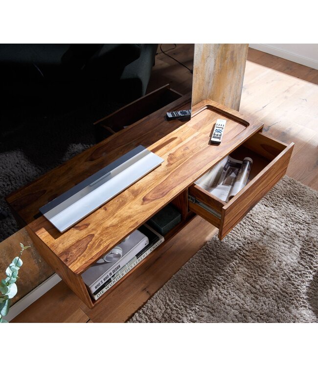 Wohnling HiFi Lowboard Hangend Sheesham Massief Hout 108x25x34 cm TV-Dressoir | Design TV-Meubel Modern | TV-Tafel Wand | TV-Bord Woonkamer
