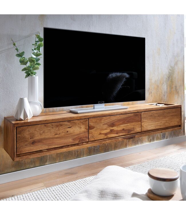 Wohnling lowboard hangend massief sheeshamhout 160x25x35 cm tv-meubel bruin | Design TV meubel met opbergruimte | TV kastwand modern | Tv-dressoir Tv-dressoir om op te hangen