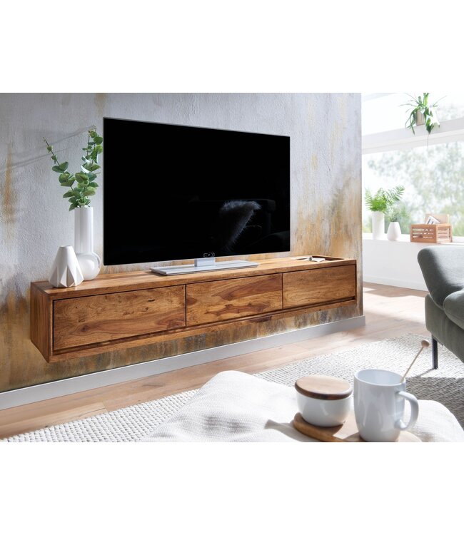Wohnling lowboard hangend massief sheeshamhout 160x25x35 cm tv-meubel bruin | Design TV meubel met opbergruimte | TV kastwand modern | Tv-dressoir Tv-dressoir om op te hangen