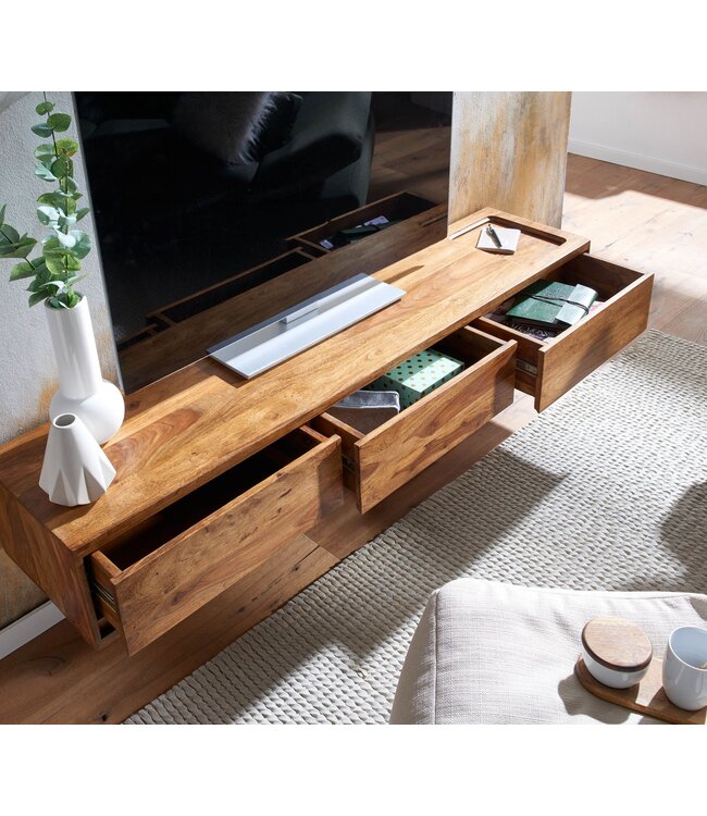 Wohnling lowboard hangend massief sheeshamhout 160x25x35 cm tv-meubel bruin | Design TV meubel met opbergruimte | TV kastwand modern | Tv-dressoir Tv-dressoir om op te hangen
