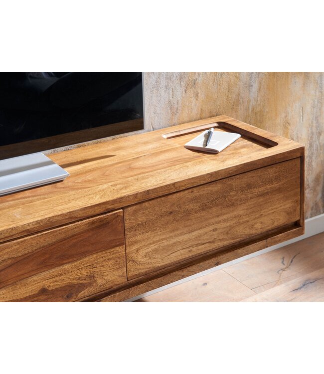 Wohnling lowboard hangend massief sheeshamhout 160x25x35 cm tv-meubel bruin | Design TV meubel met opbergruimte | TV kastwand modern | Tv-dressoir Tv-dressoir om op te hangen