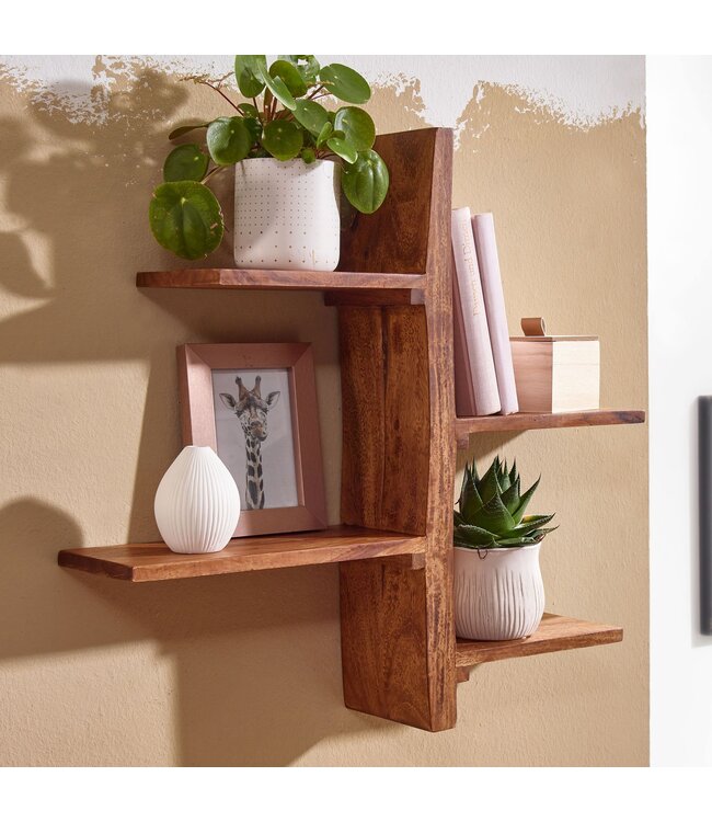 Wohnling Wandplank 58x60x15 cm Sheesham Massief Hout Boomvorm Hangplank Modern | Muurplank Hangende Plank | Plank voor de Wand Zwevend