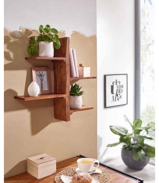 Wohnling Wandplank 58x60x15 cm Sheesham Massief Hout Boomvorm Hangplank Modern | Muurplank Hangende Plank | Plank voor de Wand Zwevend