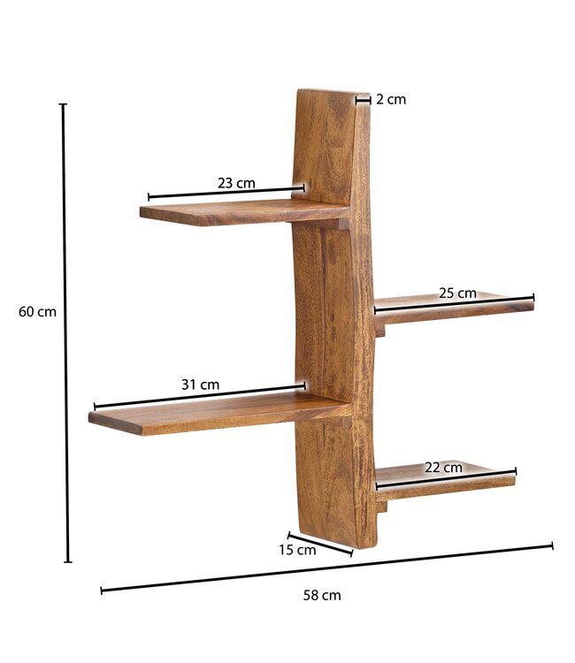 Wohnling Wandplank 58x60x15 cm Sheesham Massief Hout Boomvorm Hangplank Modern | Muurplank Hangende Plank | Plank voor de Wand Zwevend