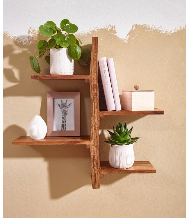 Wohnling Wandplank 58x60x15 cm Sheesham Massief Hout Boomvorm Hangplank Modern | Muurplank Hangende Plank | Plank voor de Wand Zwevend