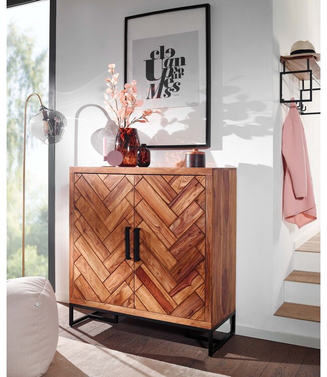 Wohnling schoenenkast massief sheesham hout 100x105x10 cm schoenenrek gesloten | Design schoenenkast met plank | Schoenenopbergruimte ladekast voor schoenen hoog
