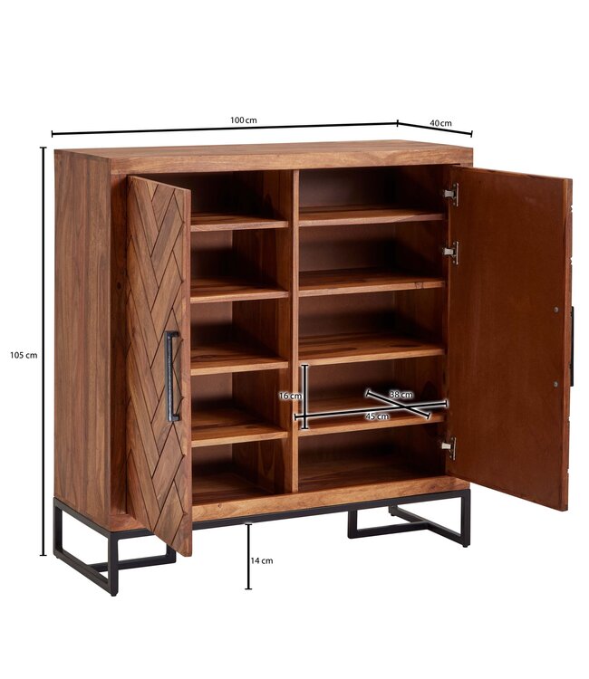 Wohnling schoenenkast massief sheesham hout 100x105x10 cm schoenenrek gesloten | Design schoenenkast met plank | Schoenenopbergruimte ladekast voor schoenen hoog