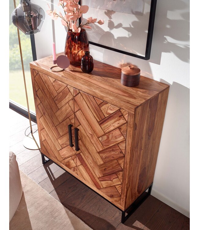 Wohnling schoenenkast massief sheesham hout 100x105x10 cm schoenenrek gesloten | Design schoenenkast met plank | Schoenenopbergruimte ladekast voor schoenen hoog