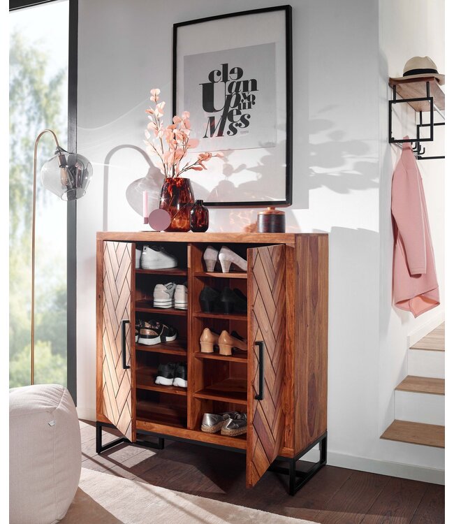Wohnling schoenenkast massief sheesham hout 100x105x10 cm schoenenrek gesloten | Design schoenenkast met plank | Schoenenopbergruimte ladekast voor schoenen hoog
