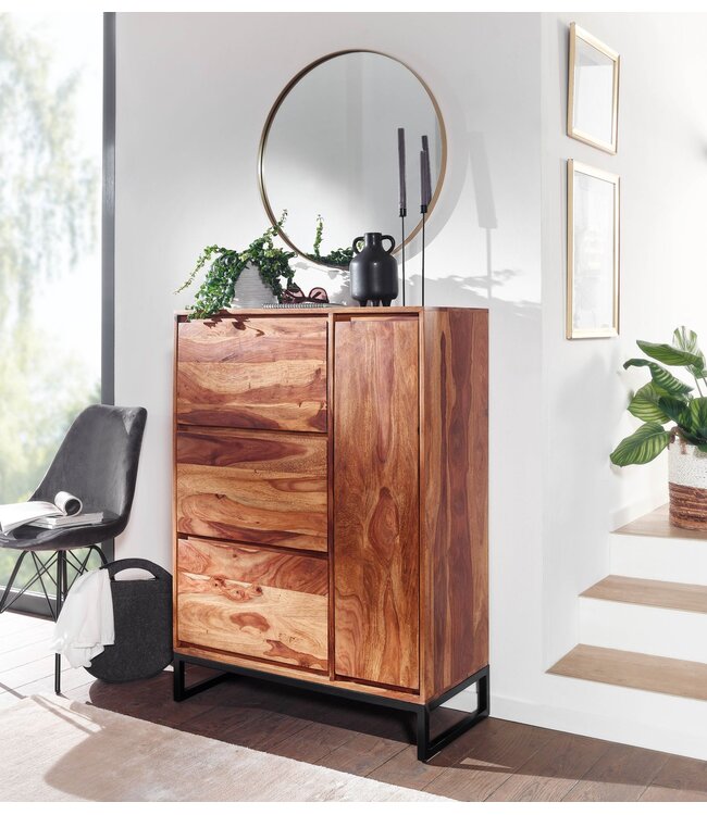 Wohnling schoenenkast massief sheeshamhout 88x120x40 cm schoenenrek gesloten | Design schoenenkast met plank | Schoenenopbergruimte ladekast voor schoenen hoog