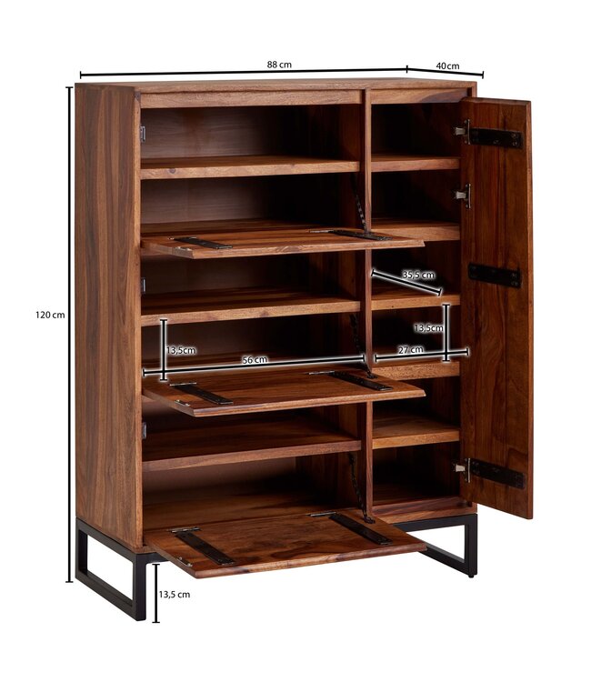 Wohnling schoenenkast massief sheeshamhout 88x120x40 cm schoenenrek gesloten | Design schoenenkast met plank | Schoenenopbergruimte ladekast voor schoenen hoog