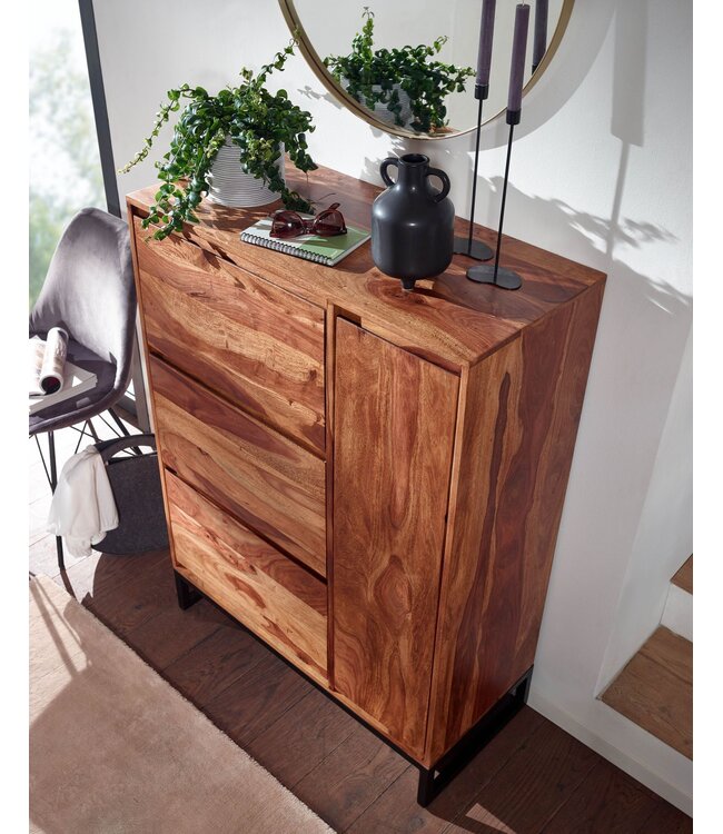 Wohnling schoenenkast massief sheeshamhout 88x120x40 cm schoenenrek gesloten | Design schoenenkast met plank | Schoenenopbergruimte ladekast voor schoenen hoog